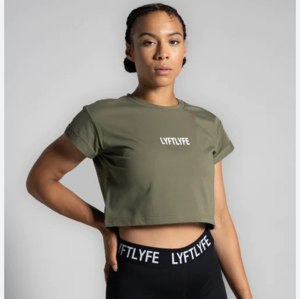 LYFTLYFE, Drill Women's T-Shirt, Color: Moss, Crop Top, Short Sleeve, Women's Sm